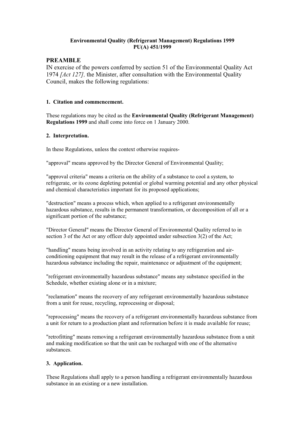 Environmental Quality (Refrigerant Management) Regulations 1999