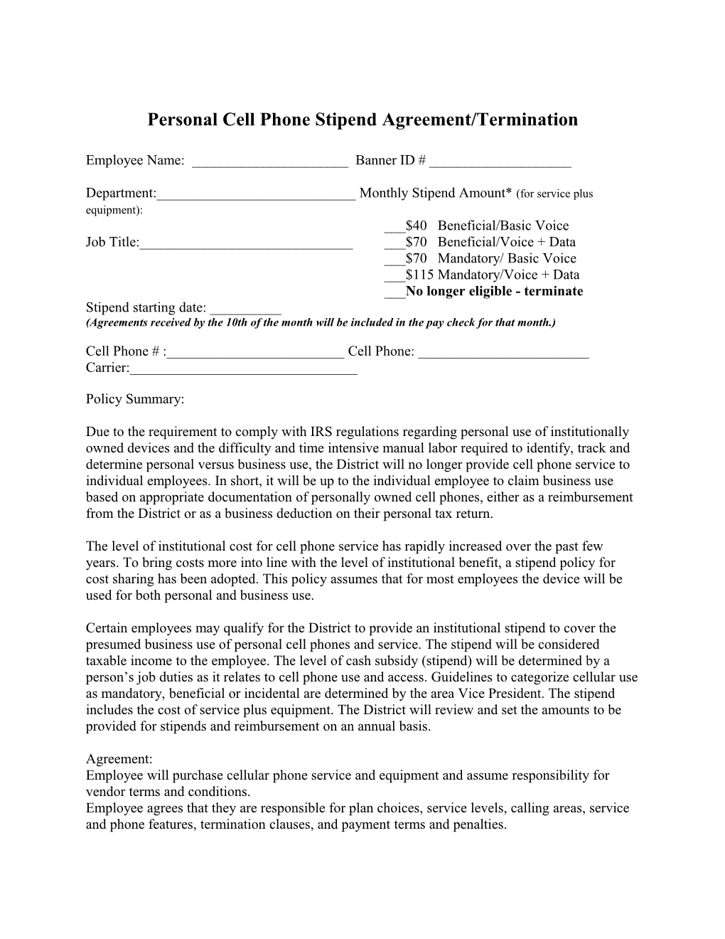 Personal Cell Phone Stipend Agreement/Termination