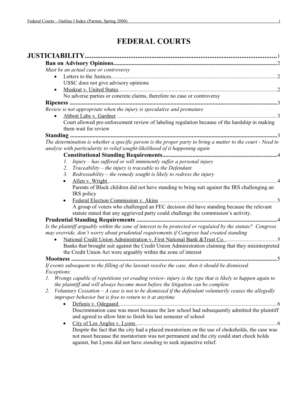 Federal Courts Outline I Index (Parmet, Spring 2000) Viii