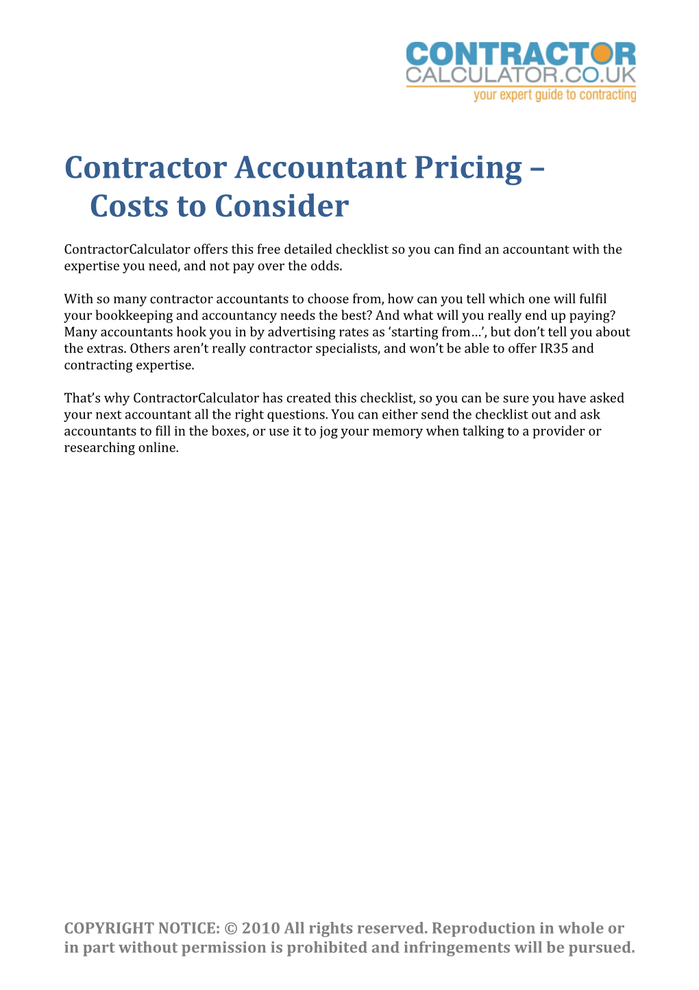 Contractor Accountant Pricing Costs to Consider