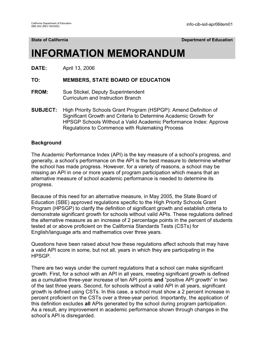 April 2006 SID Item 1 - Information Memorandum (CA State Board of Education)