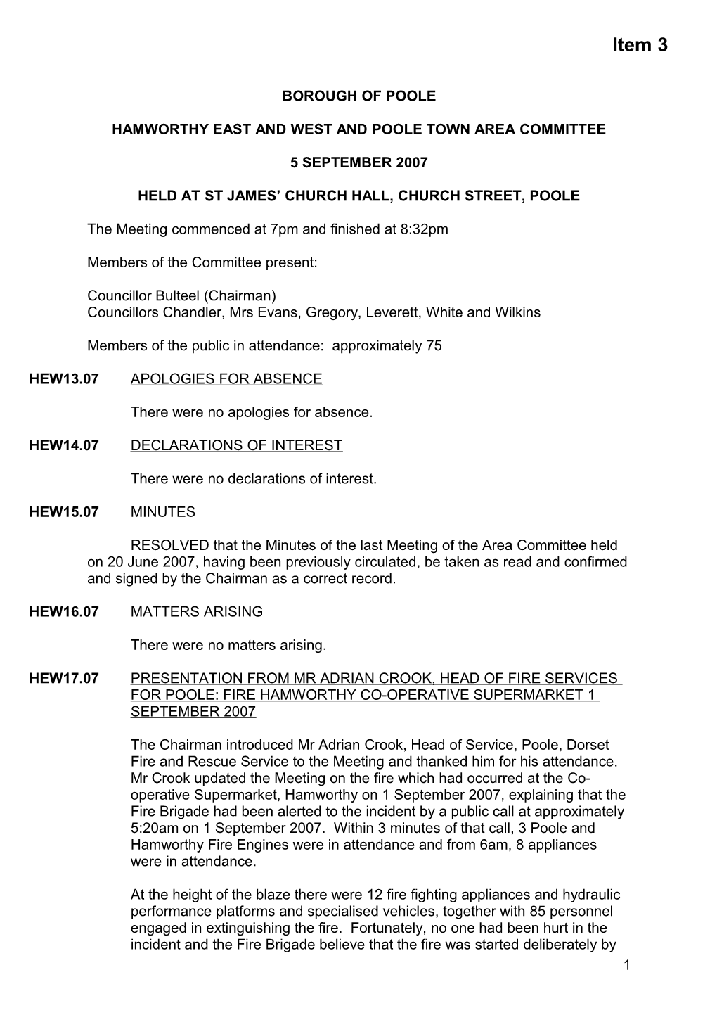 Minutes - Hamworthy East and West and Poole Town Area Committee - 5 September 2007