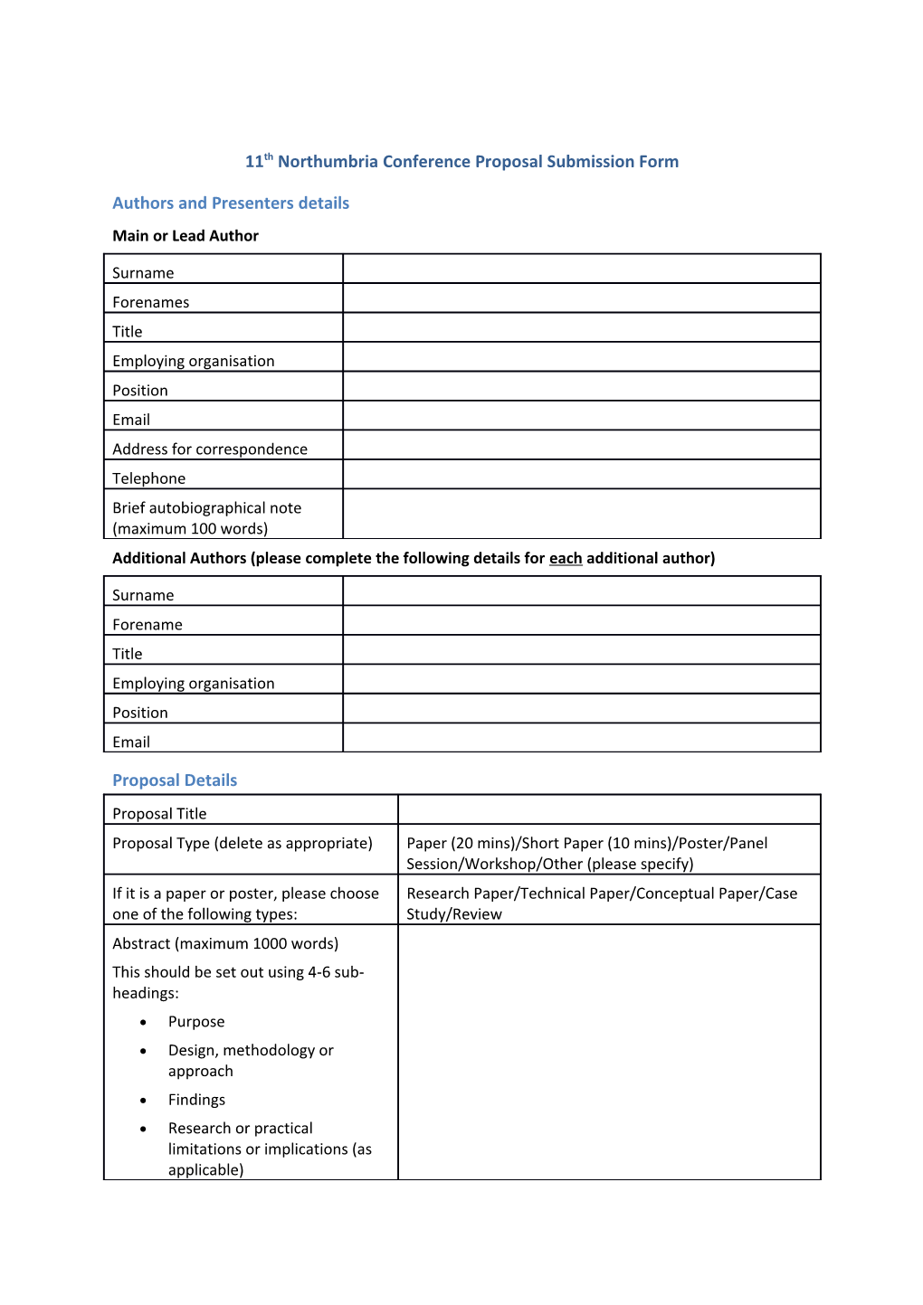 11Th Northumbria Conference Proposal Submission Form