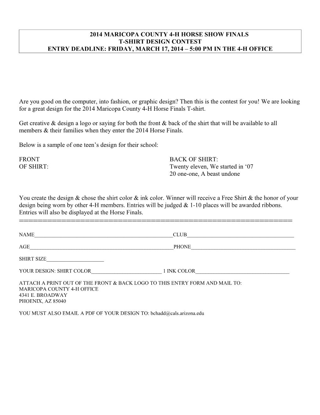 2014 Maricopa County 4-H Horse Show Finals Entry Form