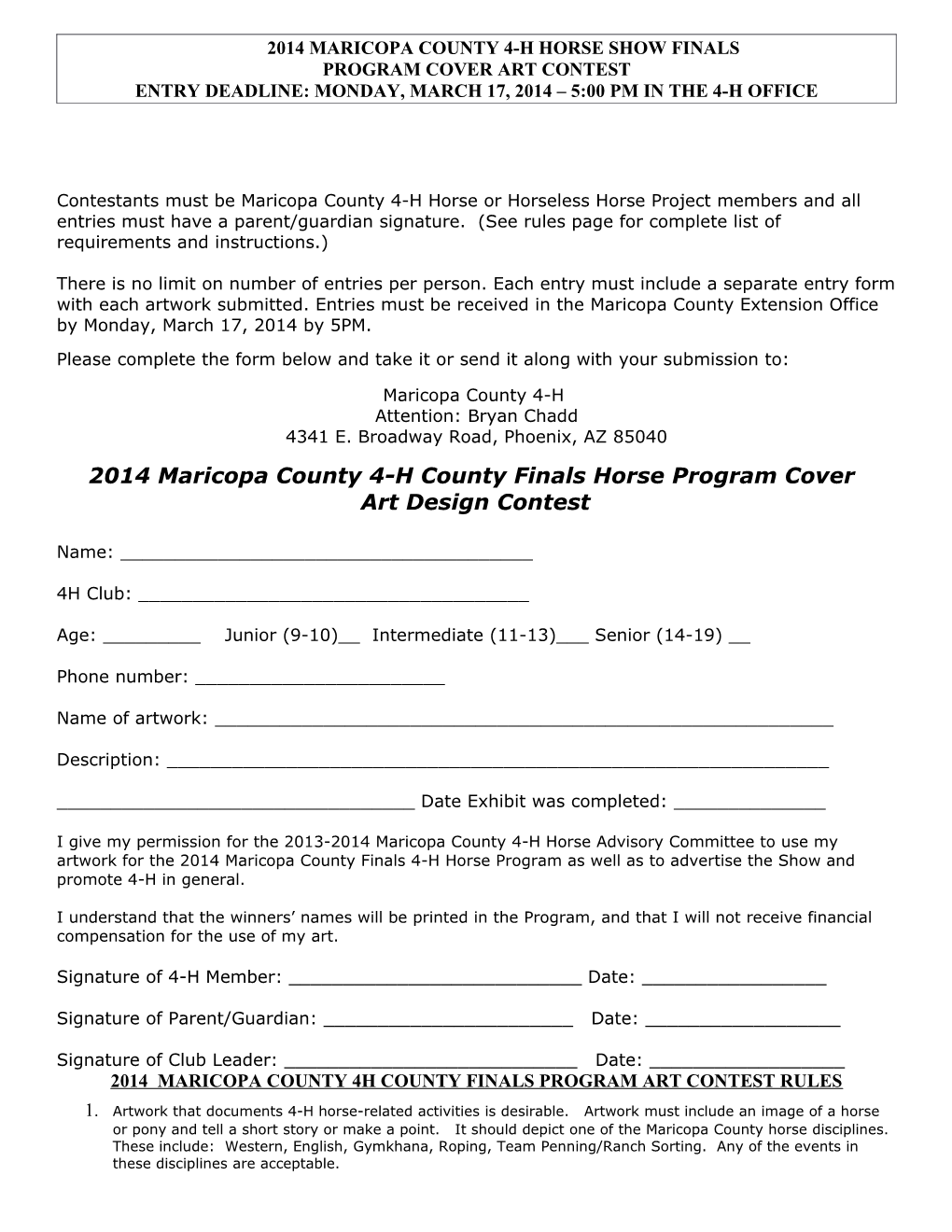 2014 Maricopa County 4-H Horse Show Finals Entry Form