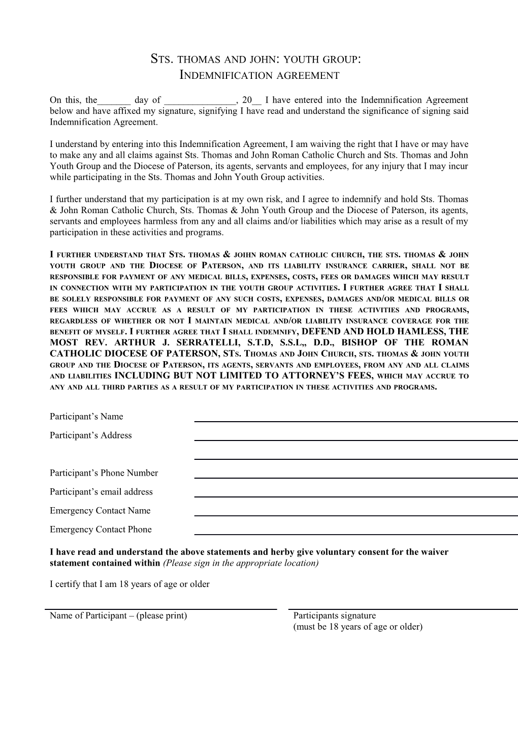This Form Must Be Completed by Each Player and Submitted to Depaul Catholic High School