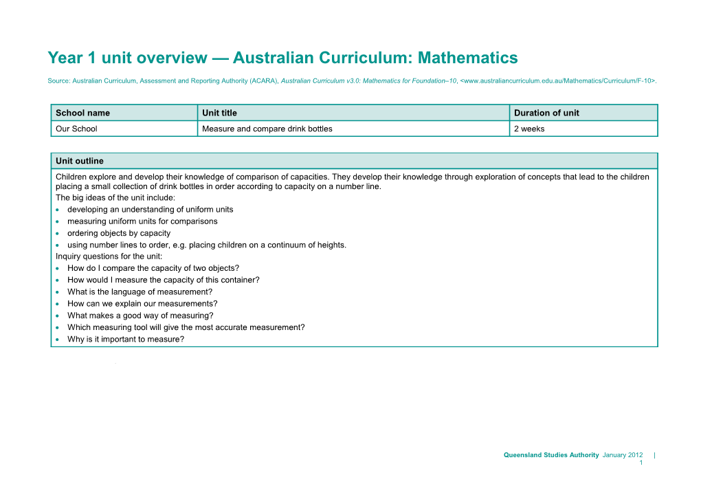 Year 1 Unit Overview Australian Curriculum: Mathematics