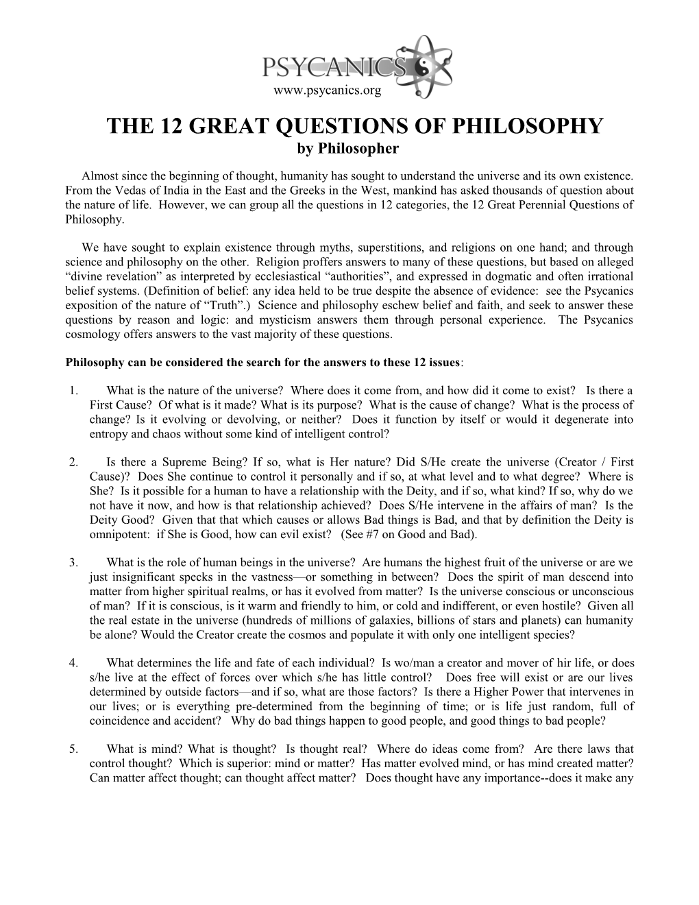 The 10 Major Questions of Philosophy