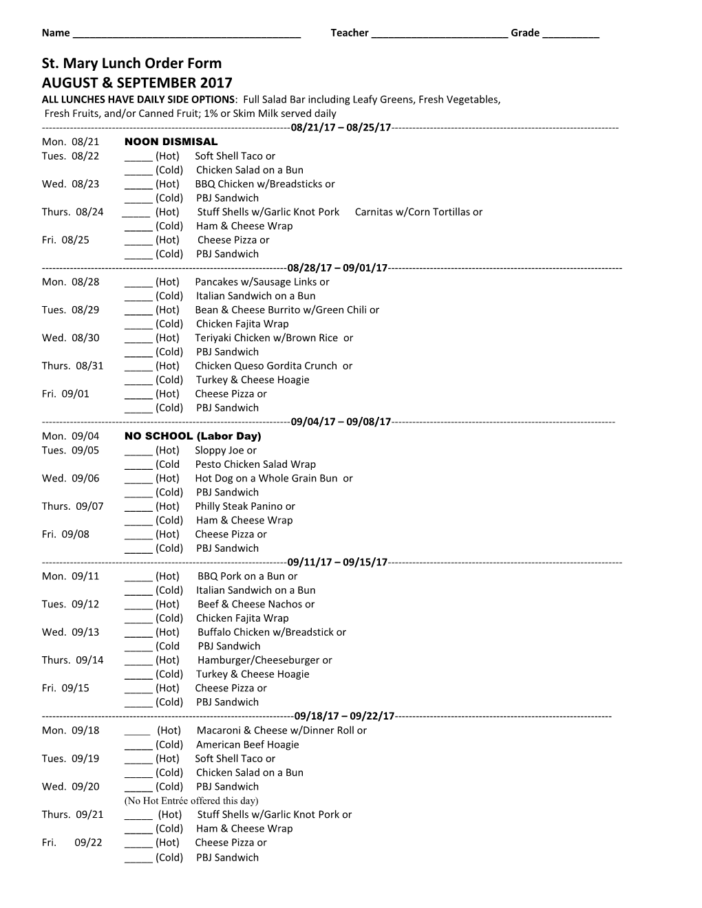 St. Mary Lunch Order Form