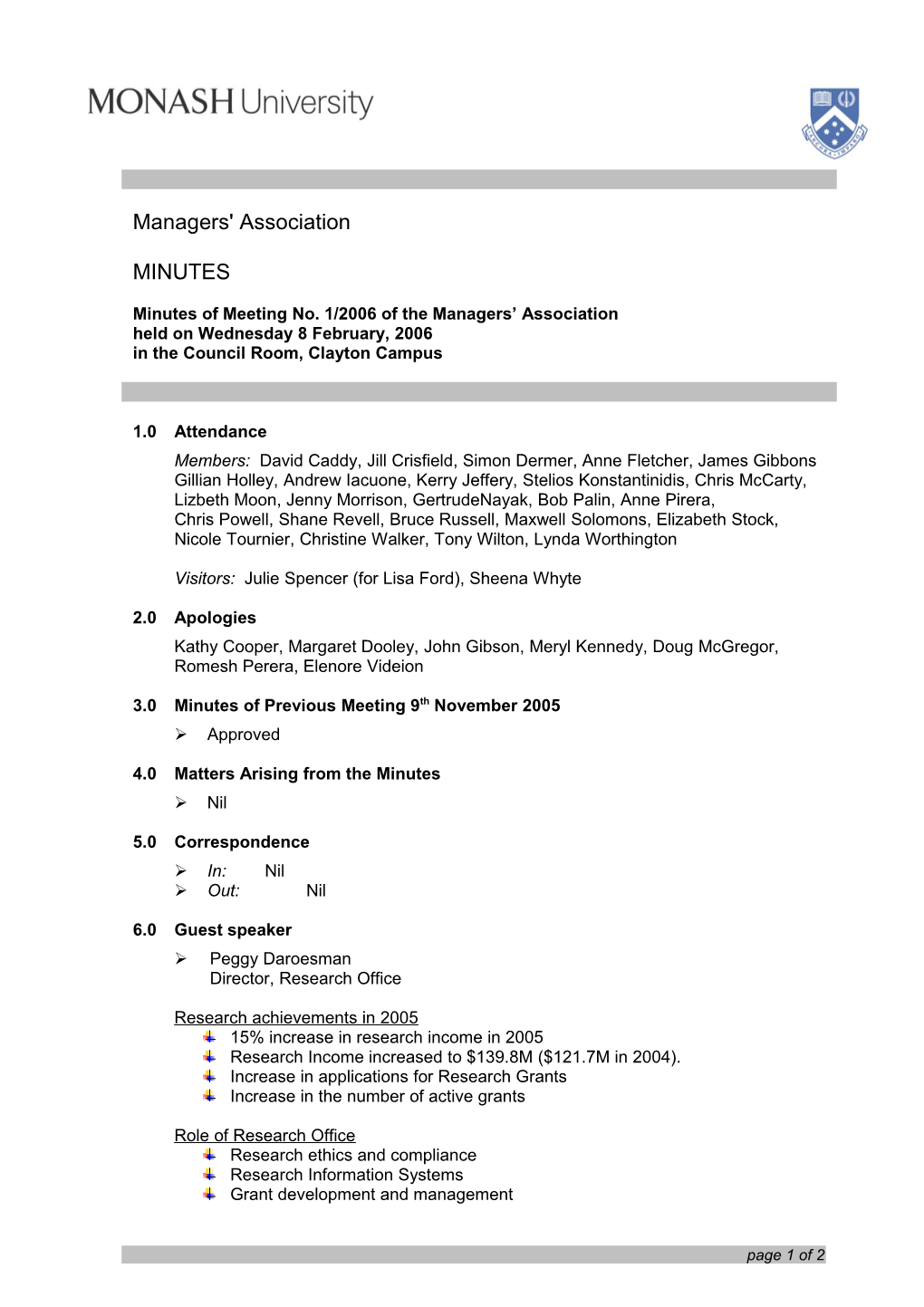 Minutes of Meeting No. 1/2006 of the Managers Association