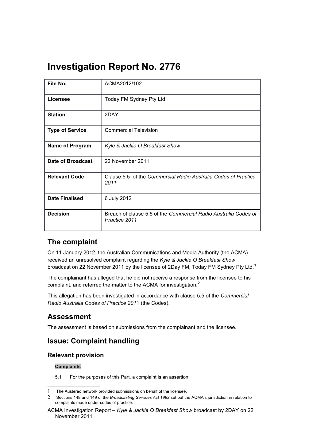 2DAY - ACMA Investigation Report 2776