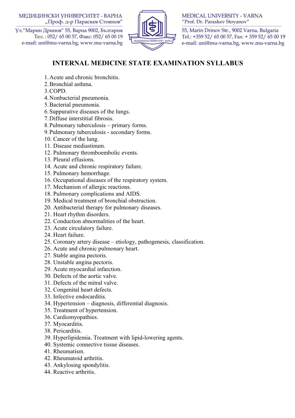 Internal Medicine State Examination Syllabus