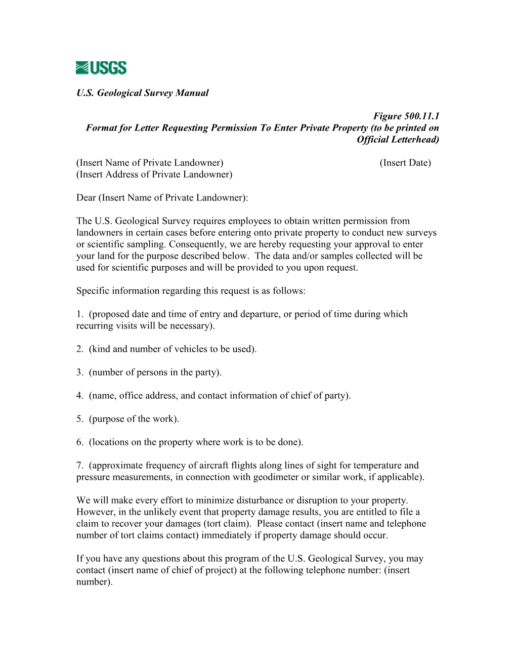 Format for Letter Requesting Permission to Enter Private Property (To Be Printed on Official