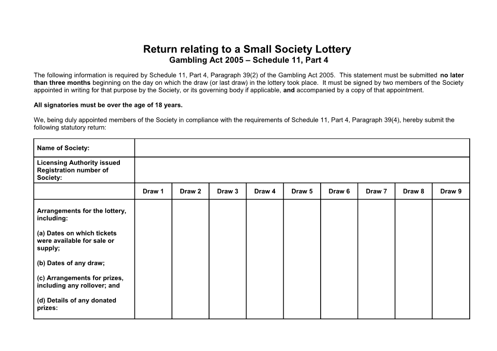 Return Relating to a Small Society Lottery
