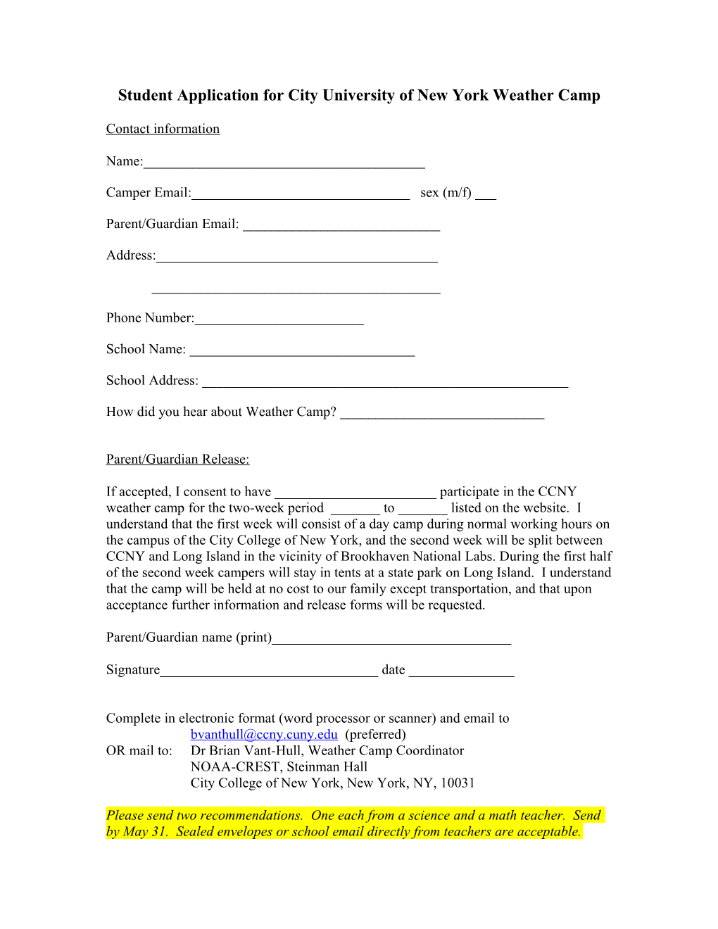 Student Application for City College of New York Weather Camp