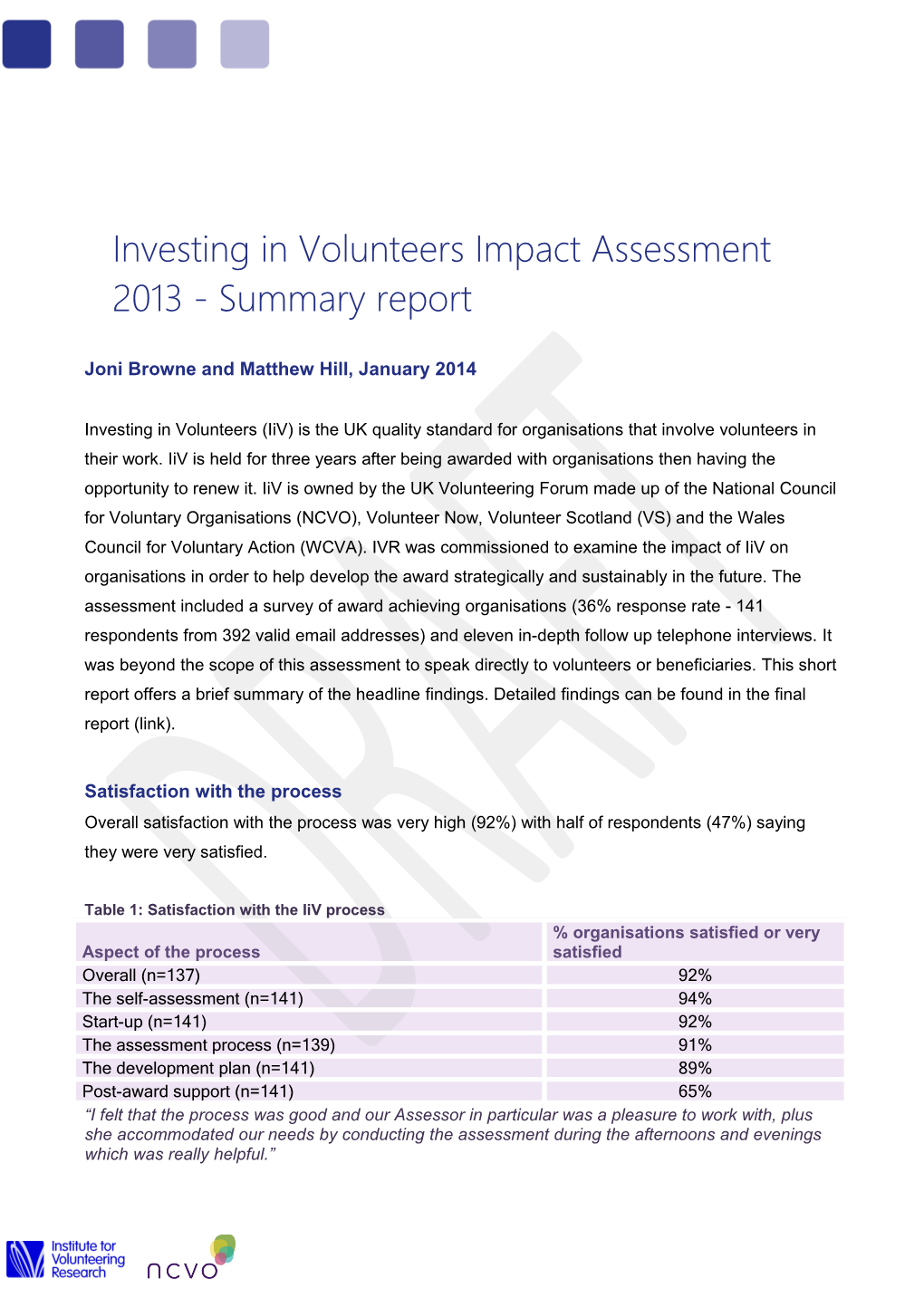 Investing in Volunteers Impact Assessment 2013 - Summary Report
