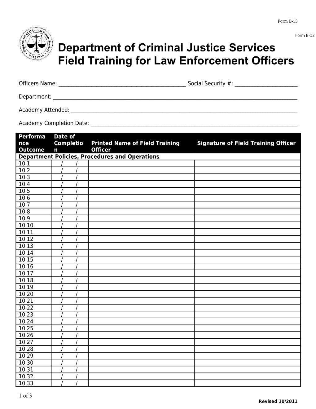 Field Training for Law Enforcement Officers
