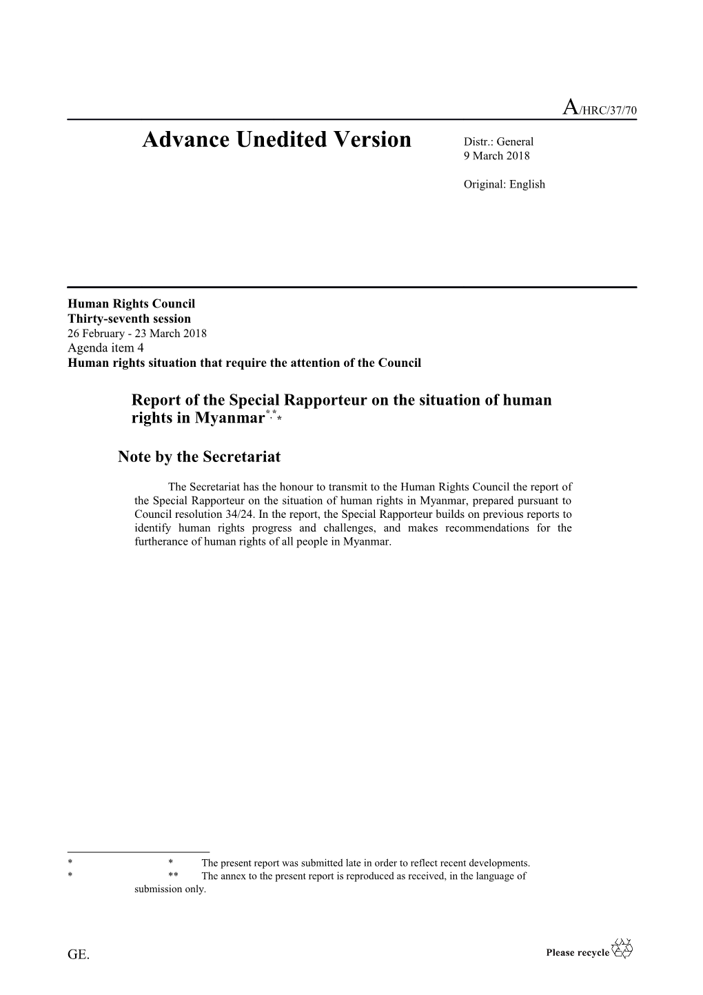 Report of the Special Rapporteur on the Situation of Human Rights in Myanmar in English