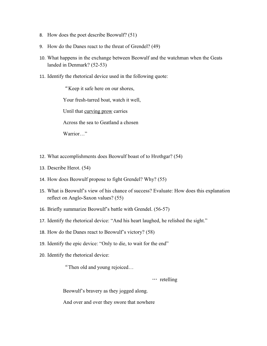 Beowulf Study Guide Questions with Page References