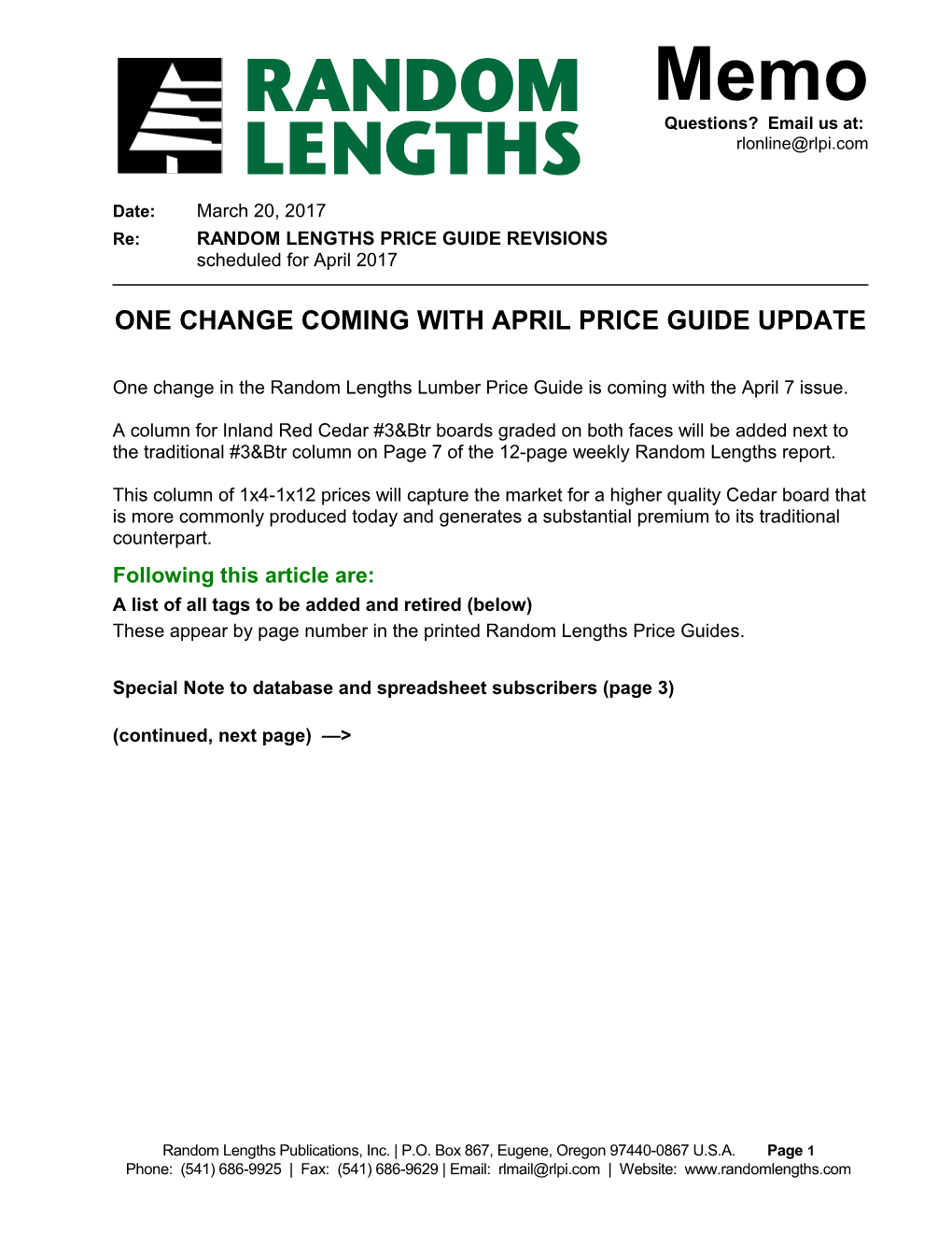 One Change Coming with April Price Guide Update