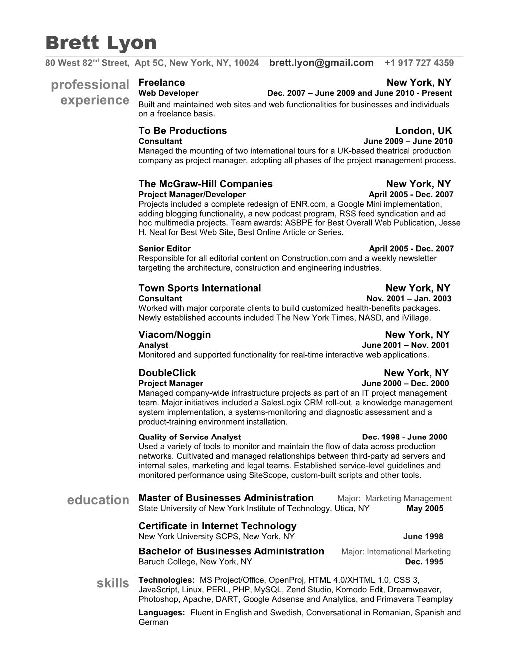 Resume for Brett Lyon