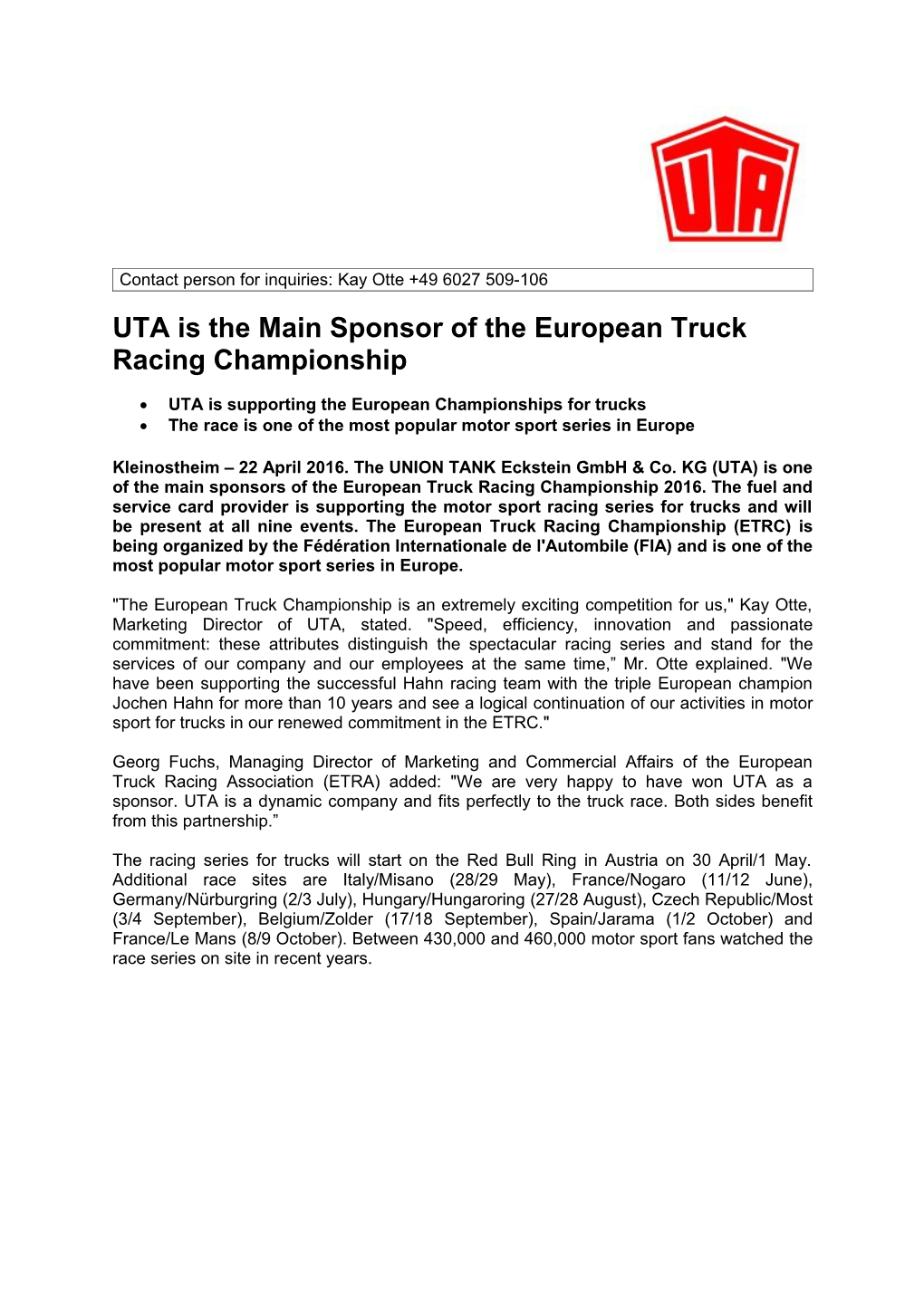 UTA Is the Main Sponsor of the European Truck Racing Championship