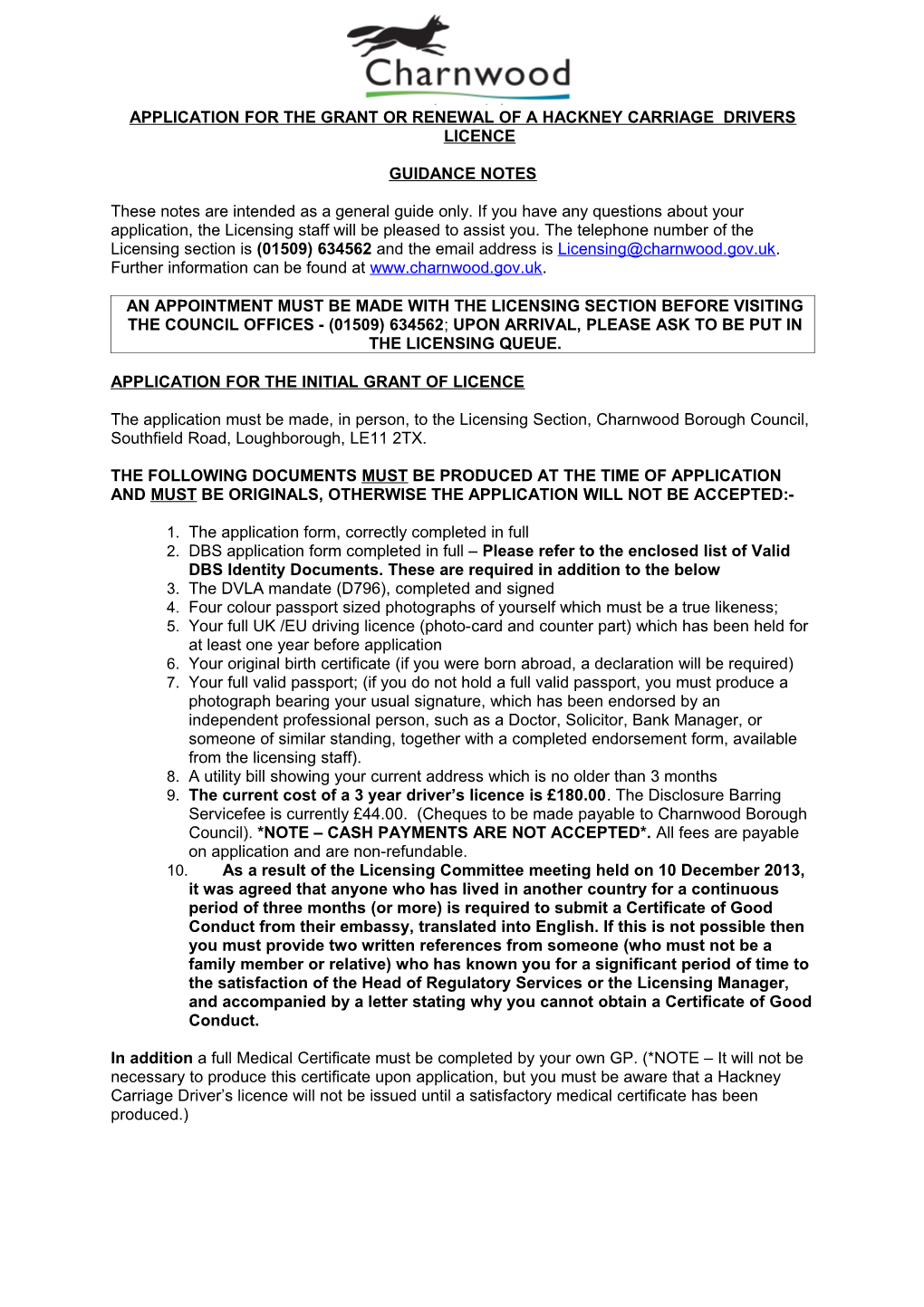 Application for the Grant Or Renewal of a Hackney Carriage Drivers Licence