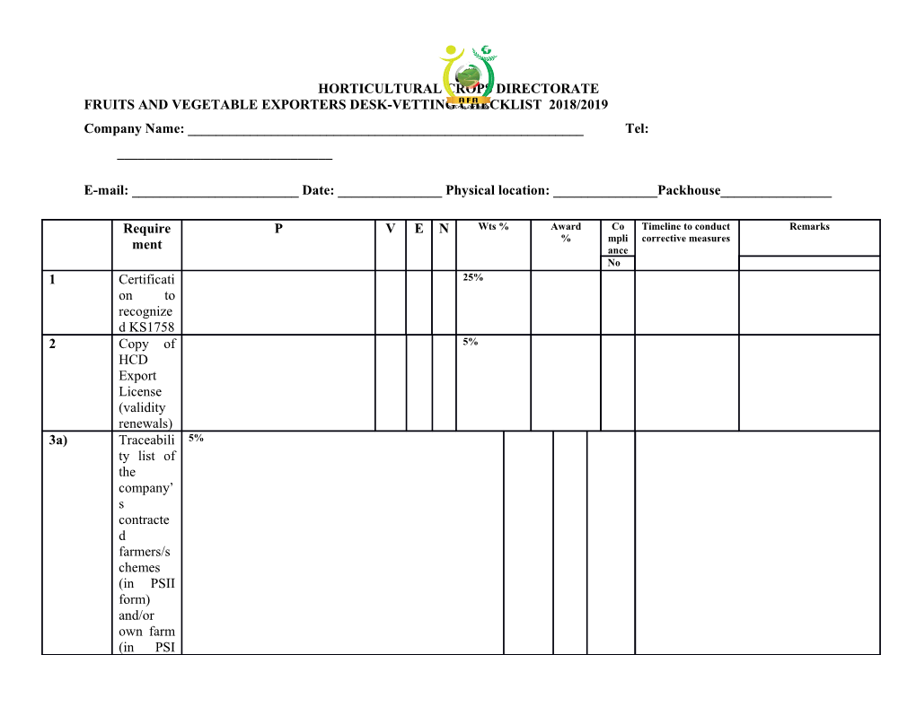 Fruits and Vegetable Exporters Desk-Vetting Checklist 2018/2019