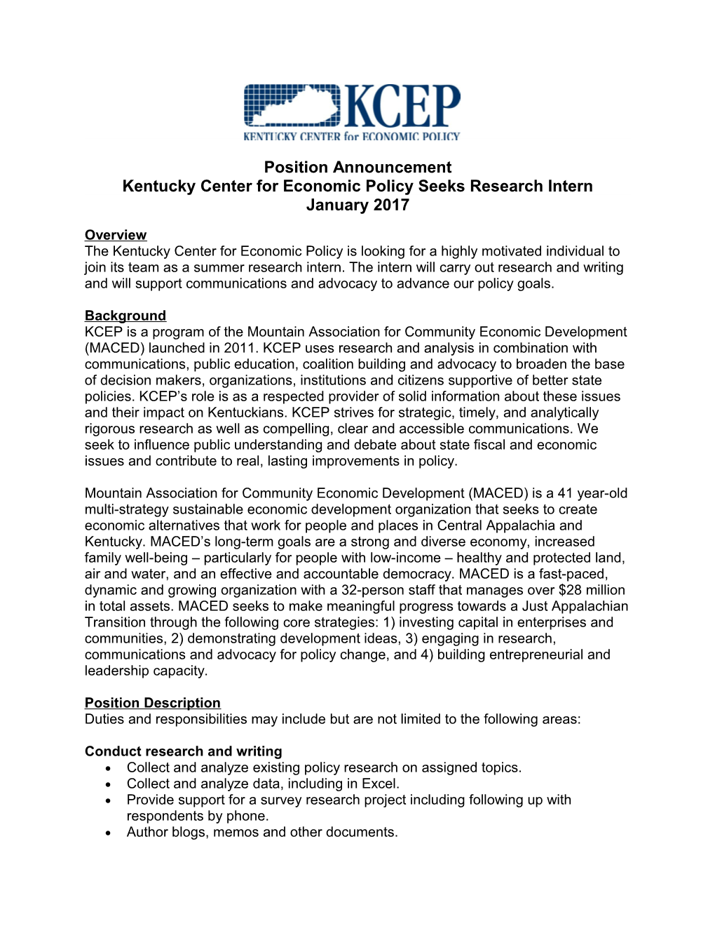 Kentucky Center for Economic Policy Seeks Research Intern