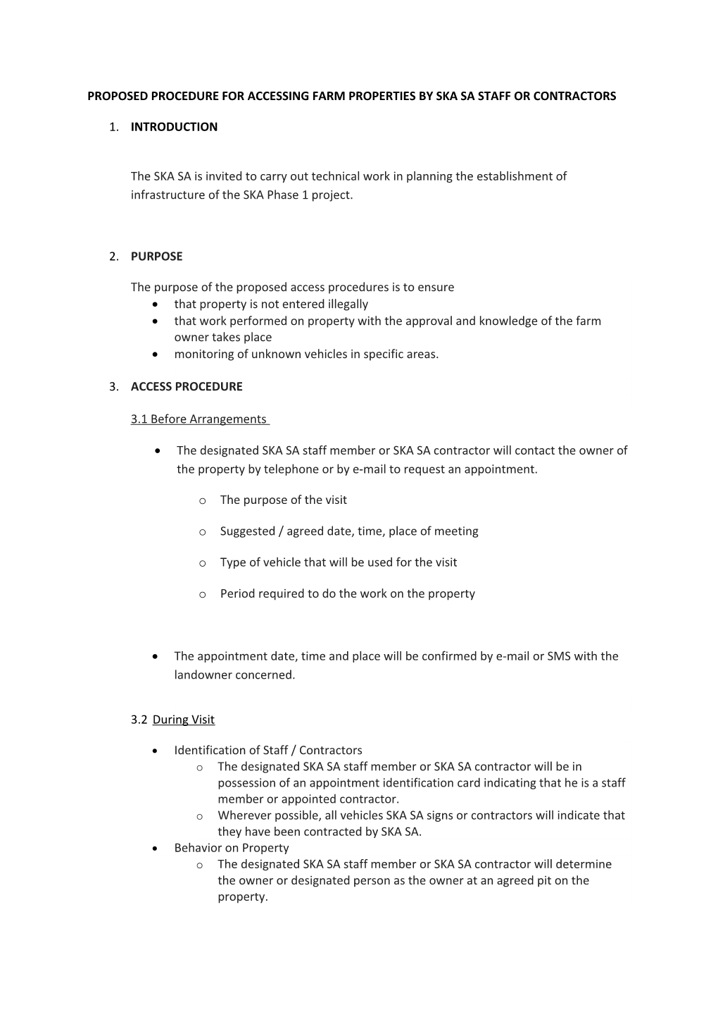 Proposed Procedure for Accessing Farm Properties by Ska Sa Staff Or Contractors