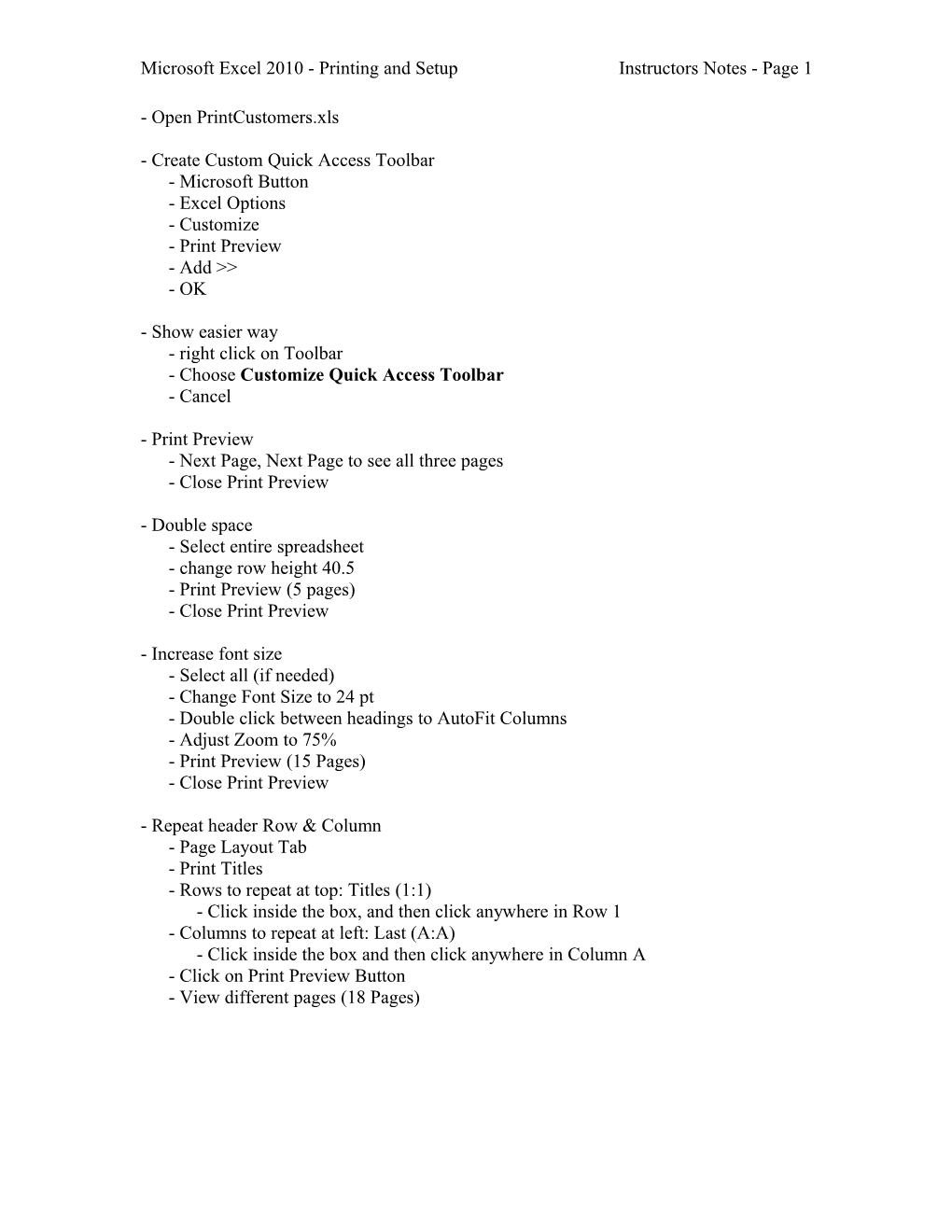 Microsoft Excel 2010 - Printing and Setup Instructors Notes - Page 1