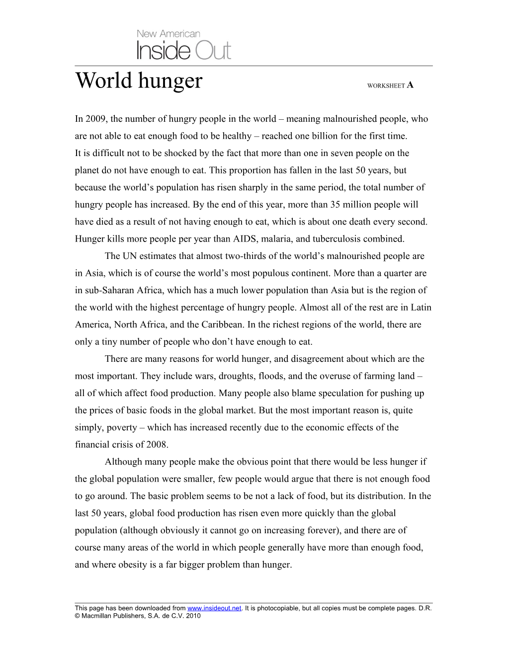 World Hunger WORKSHEET A