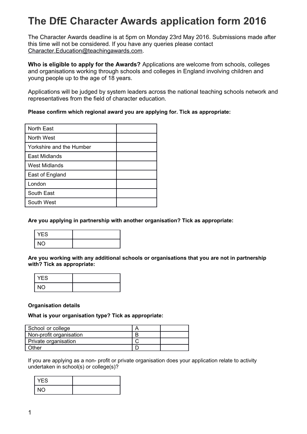 Character Awards Application Form