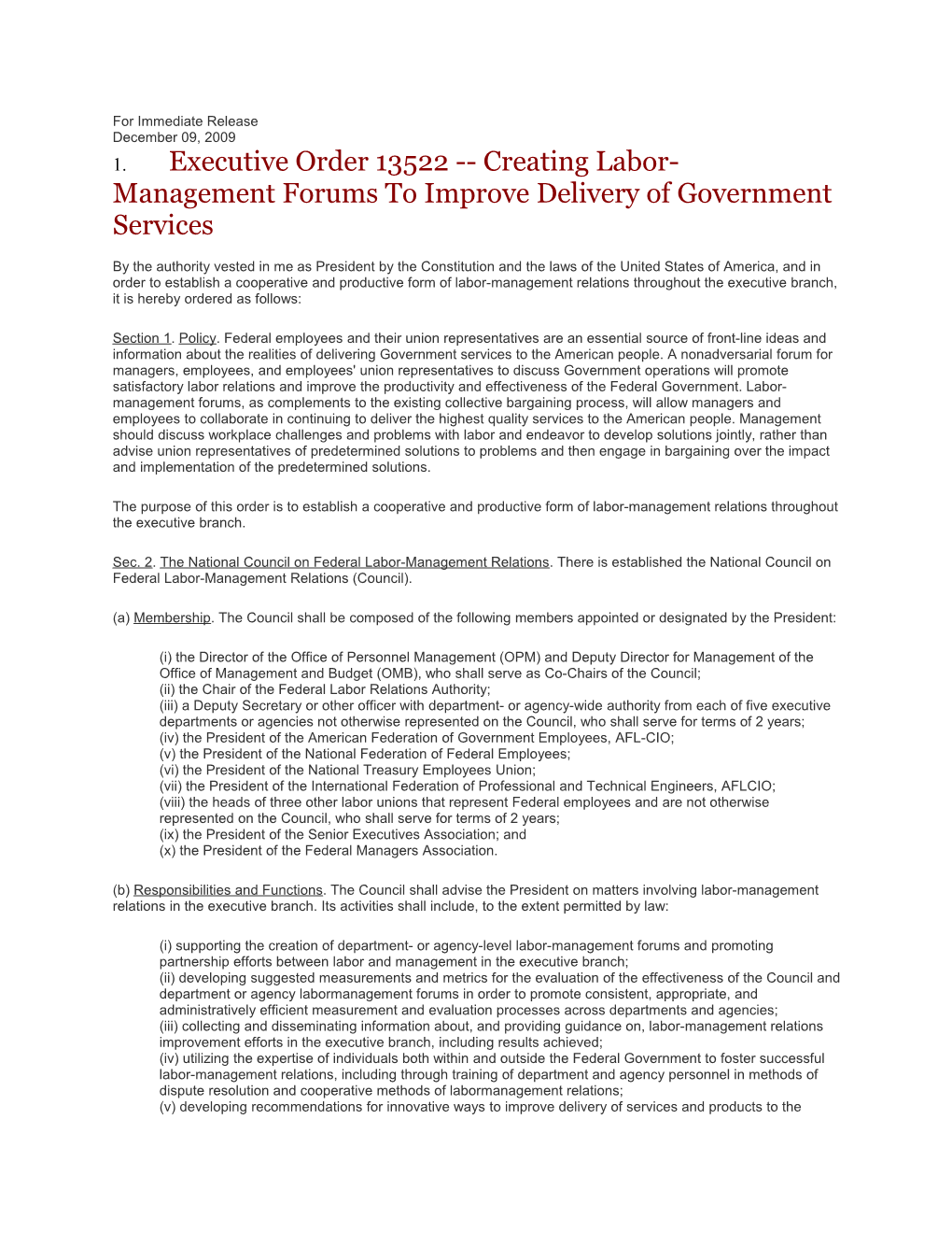 1.Executive Order 13522 Creating Labor-Management Forums to Improve Delivery of Government