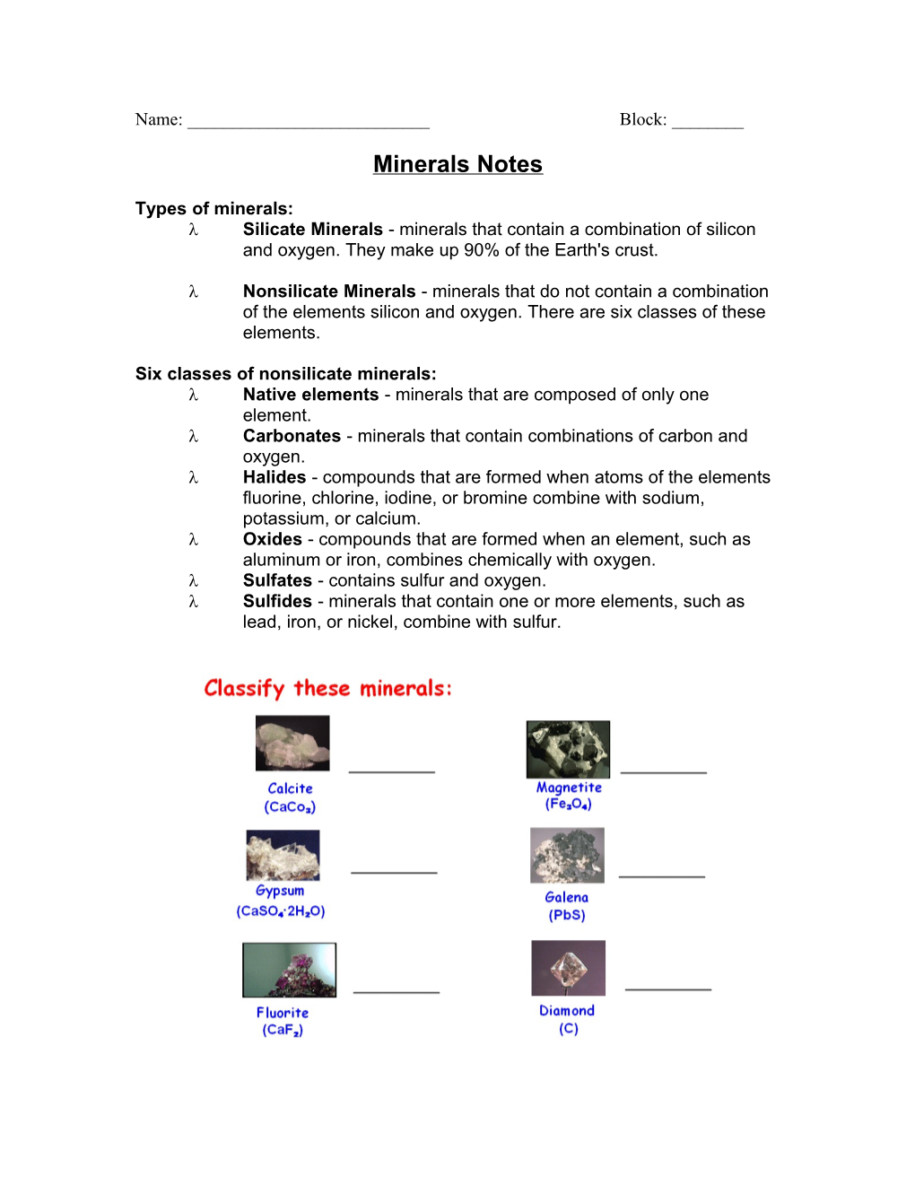 Minerals Notes Key