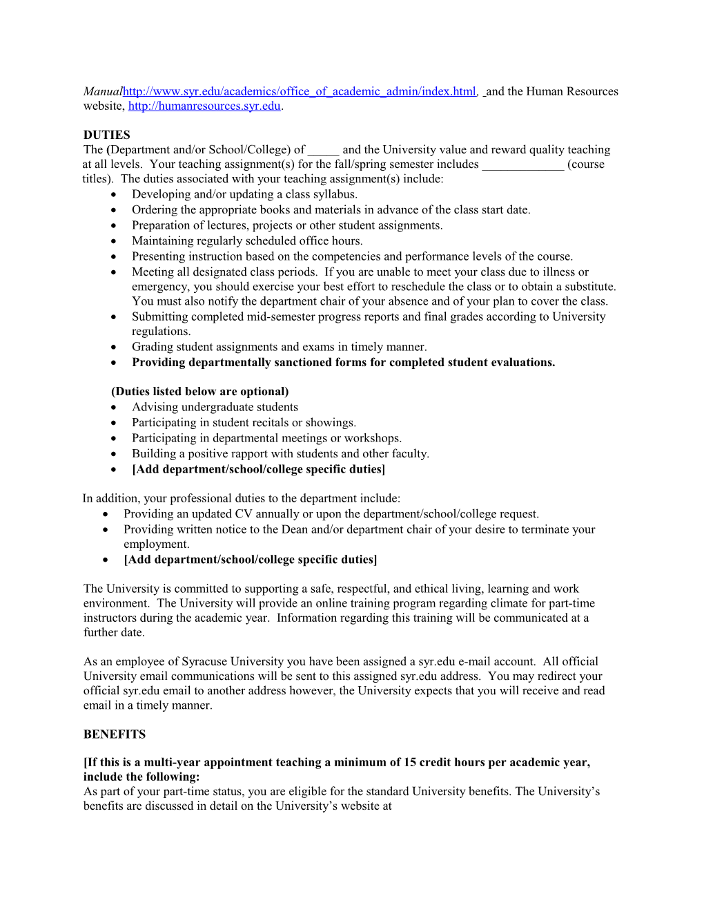 Part-Time Faculty New Appointment Letter