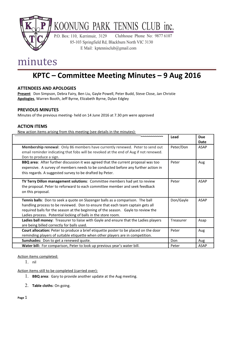 KPTC Committee Meeting Minutes 9 Aug 2016