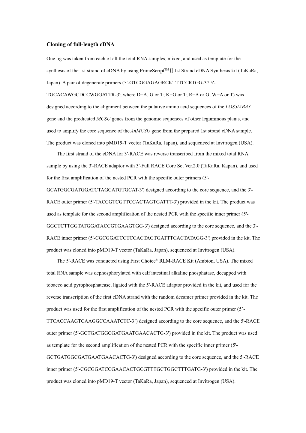 Cloning of Full-Length Cdna