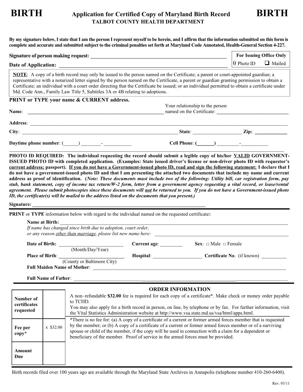 Birth Certificate Application