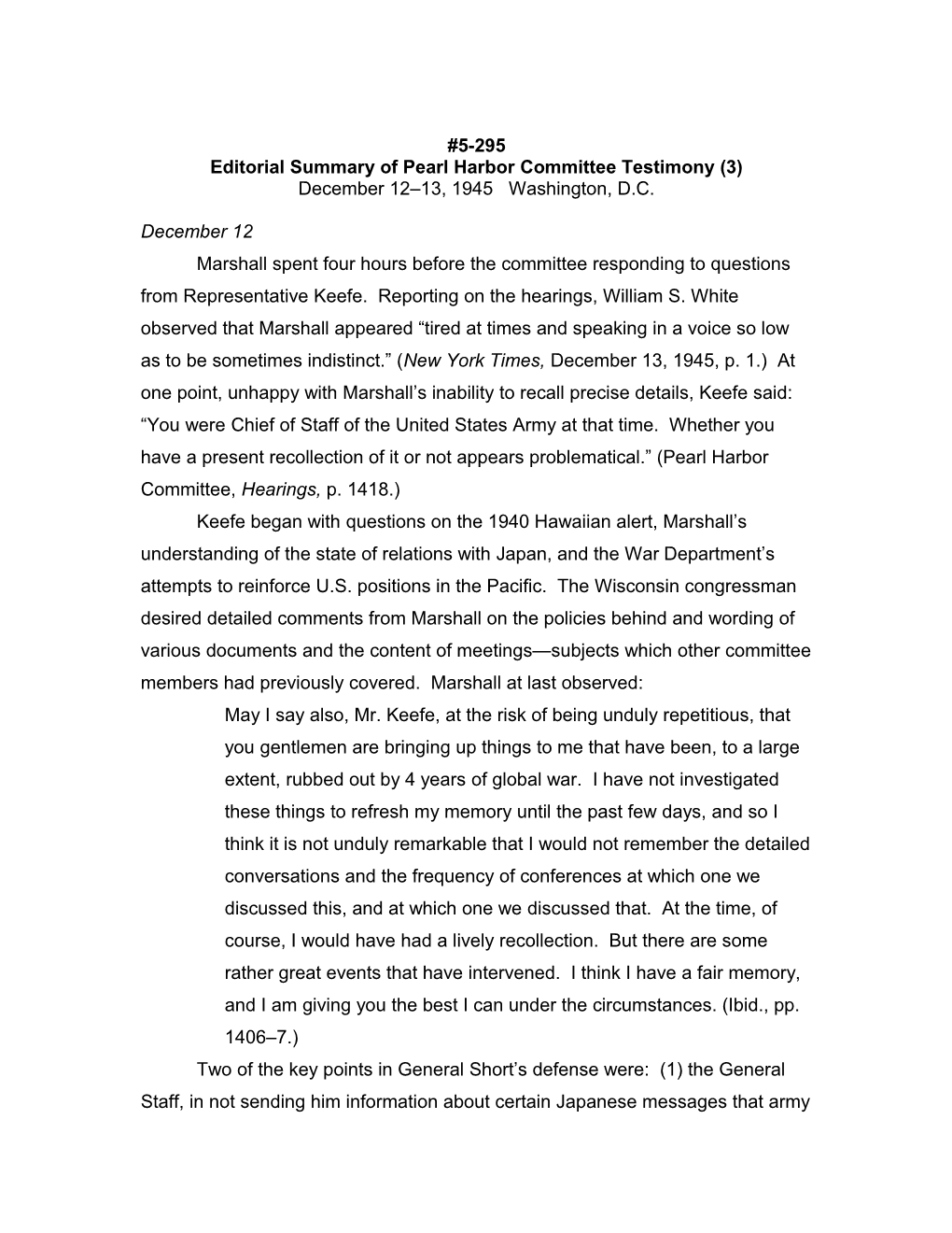 Editorial Summary of Pearl Harbor Committee Testimony (3)
