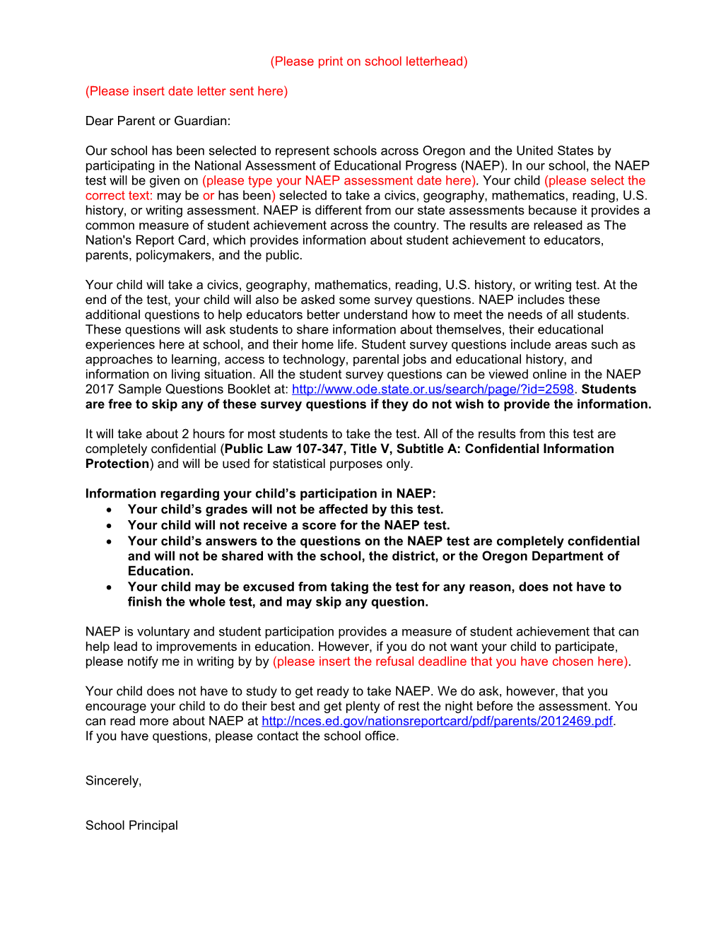 Sample Parent-Guardian Notification Letter NAEP 2015 - TBA Pilot (*, 7/25/2014)