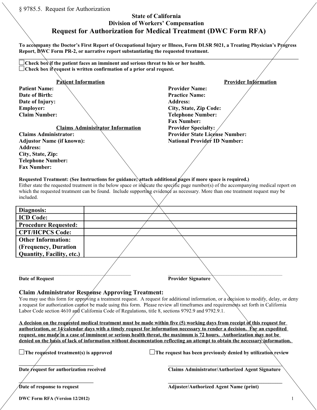 Request for Authorization for Medical Treatment (DWC Form RFA) s1