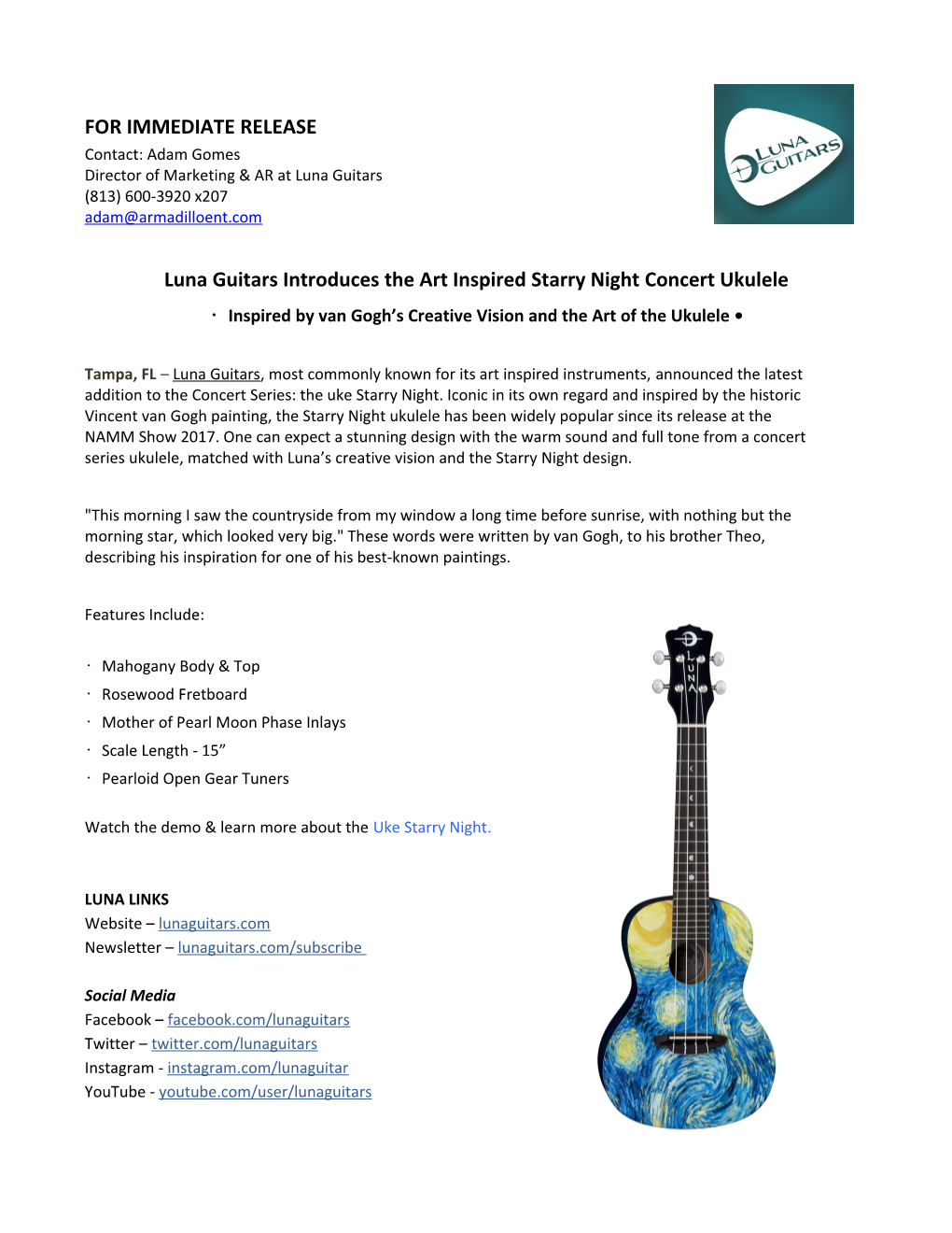 Luna Guitars Introduces the Art Inspired Starry Night Concert Ukulele