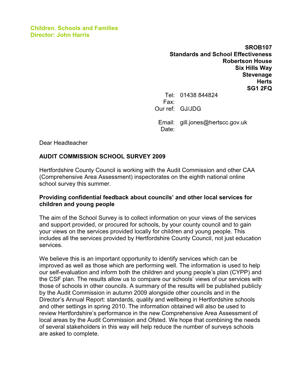 Letter to Schools - Audit Commission Survey