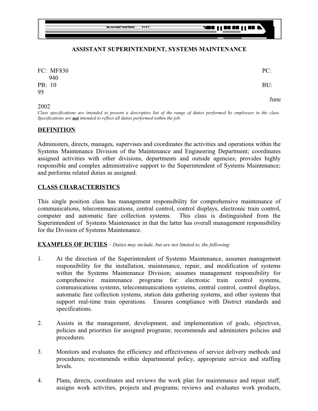 Assistant Superintendent, Systems Maintenance