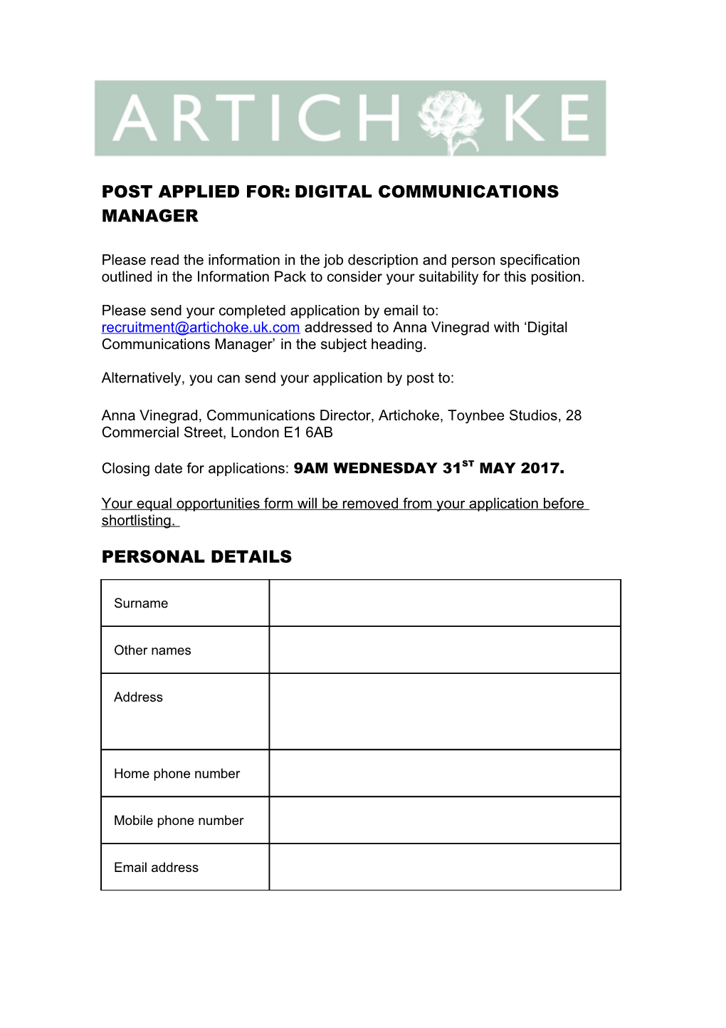 Post Applied For: Digital Communications Manager