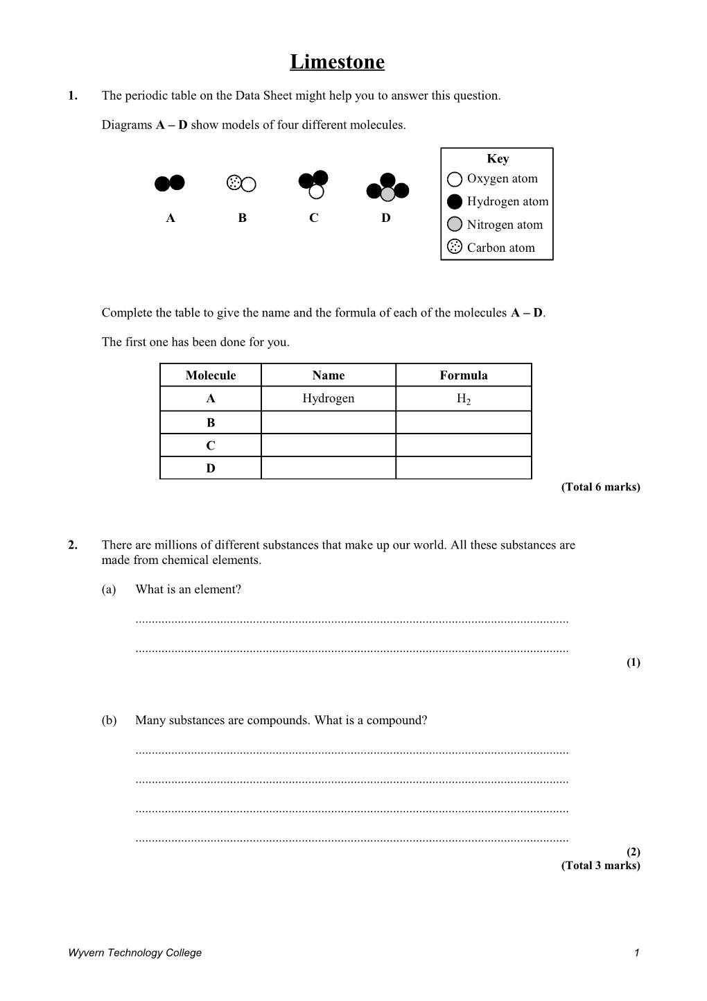 Diagrams a D Show Models of Four Different Molecules