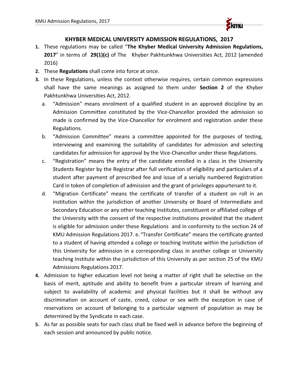 Khyber Medical University Admission Regulations, 2017