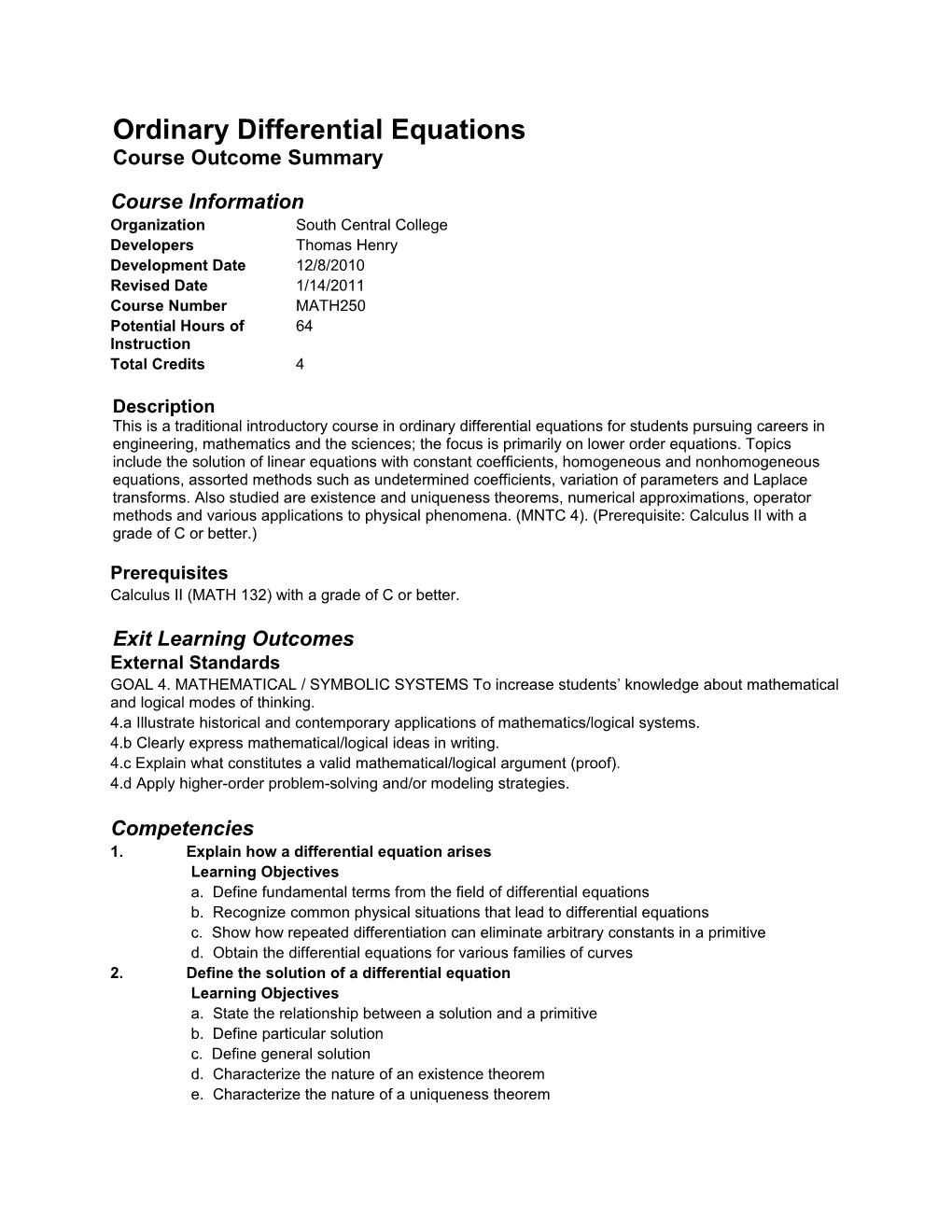 Ordinary Differential Equations Course Outcome Summary