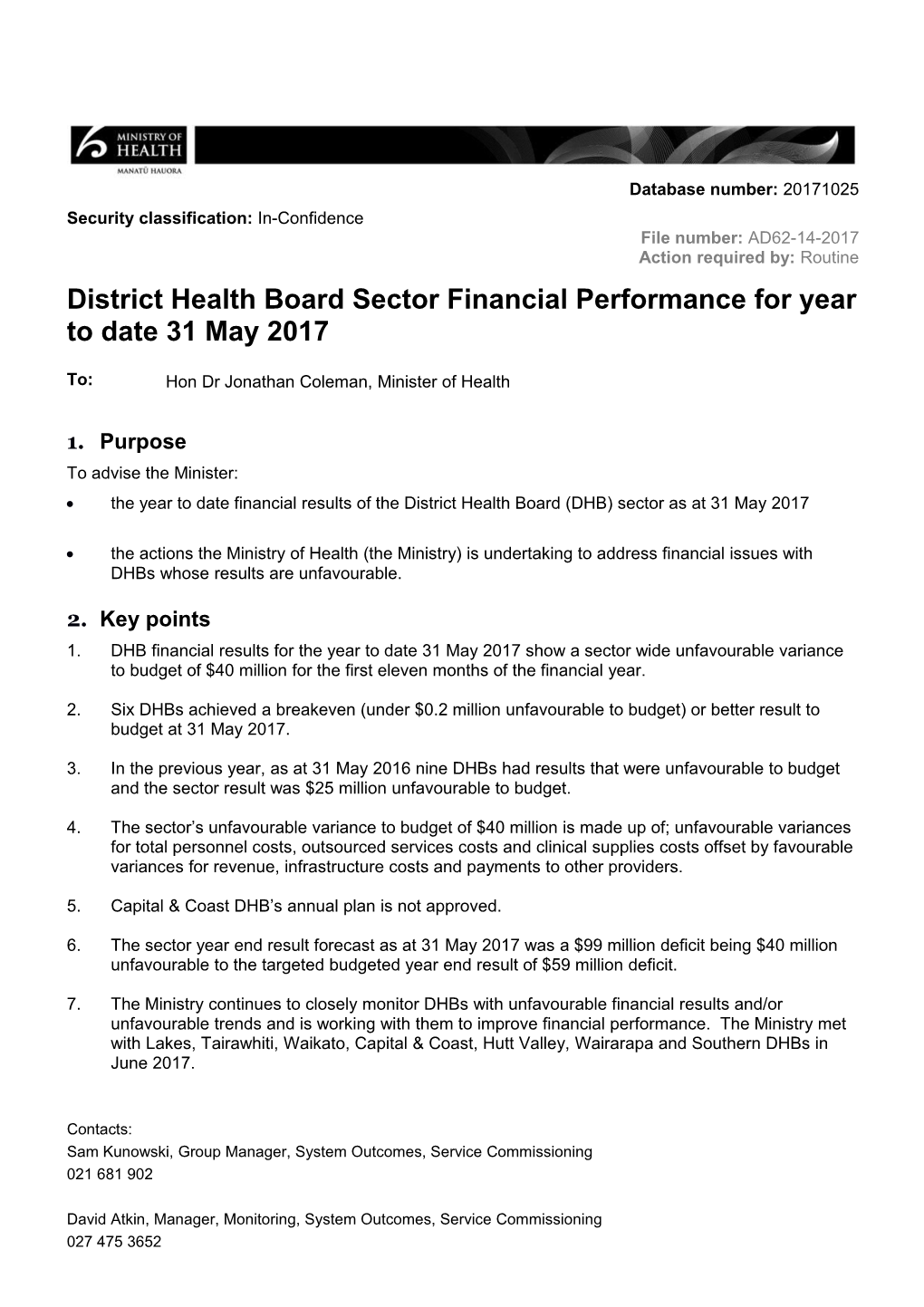 District Health Board Sector Financial Performance for Year to Date 31 May2017
